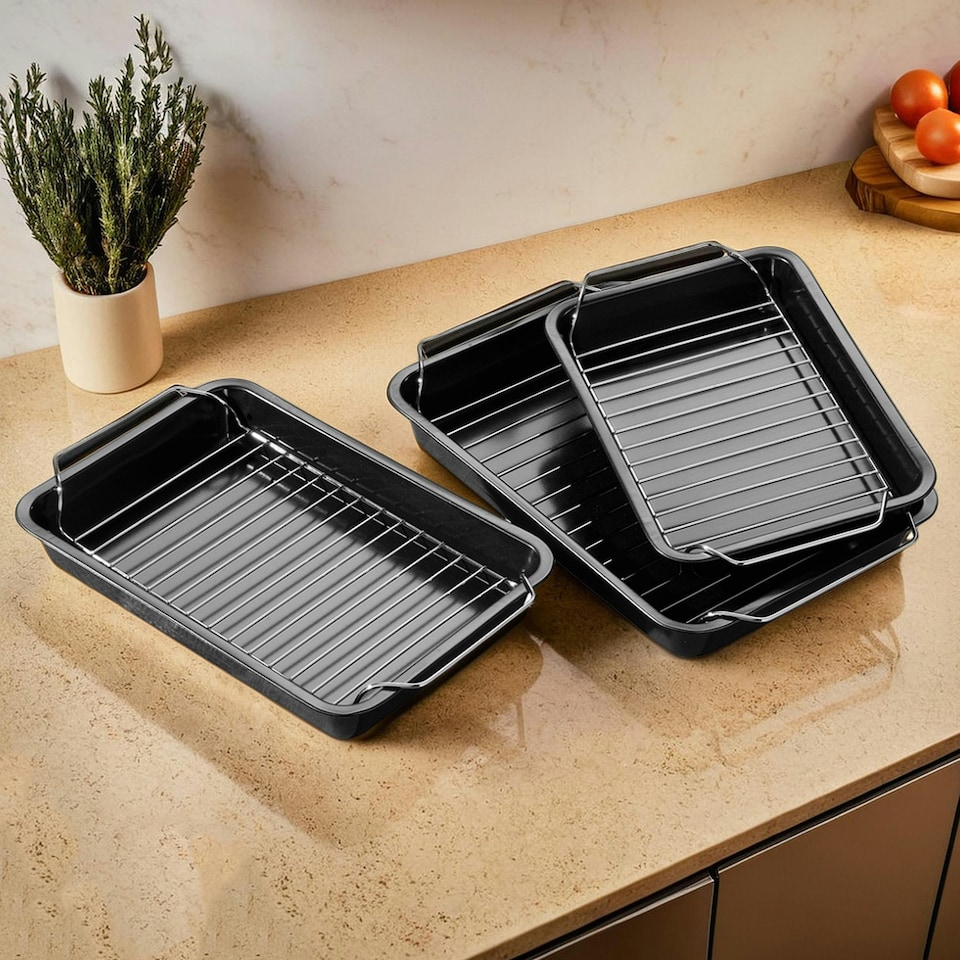 image 1 of Interiors By Premier Set Of Three Roasting Trays With Wire Racks, Enamel Baking Tray Set, Non-Stick Roasting Pan, Luxe Oven Trays Black