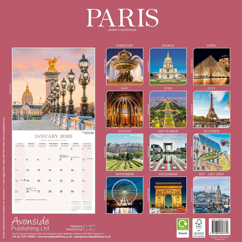 image 1 of Paris 2026 Calendar | Square Wall Calendar | Travel Gift | Plastic Free Packaging | by Avonside Publishing