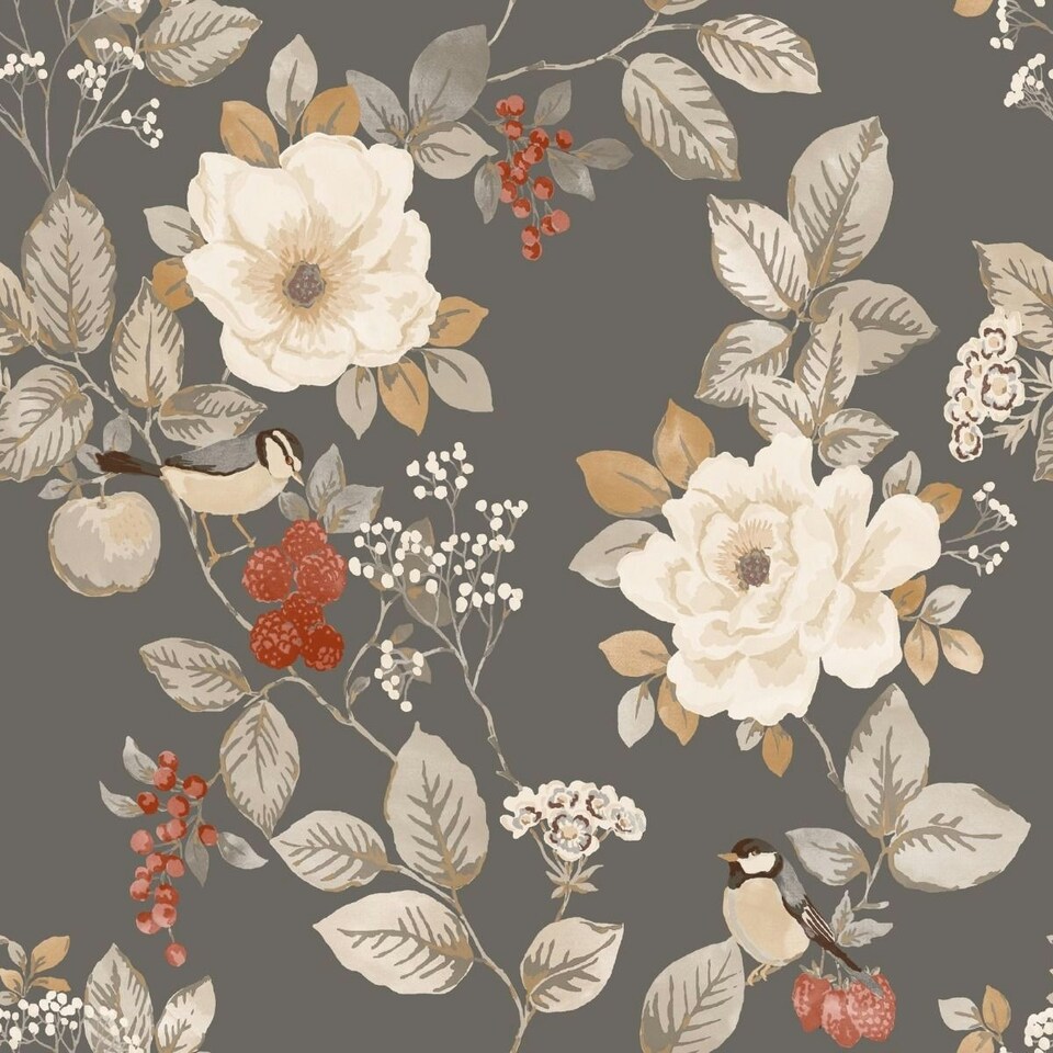 Belgravia Bramble Floral Wallpaper - Charcoal - 10m x 0.5m Black