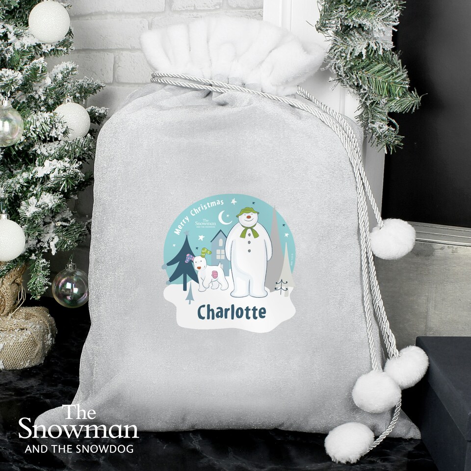 image 1 of Personalised The Snowman and the Snowdog Luxury Silver Grey Pom Pom Sack