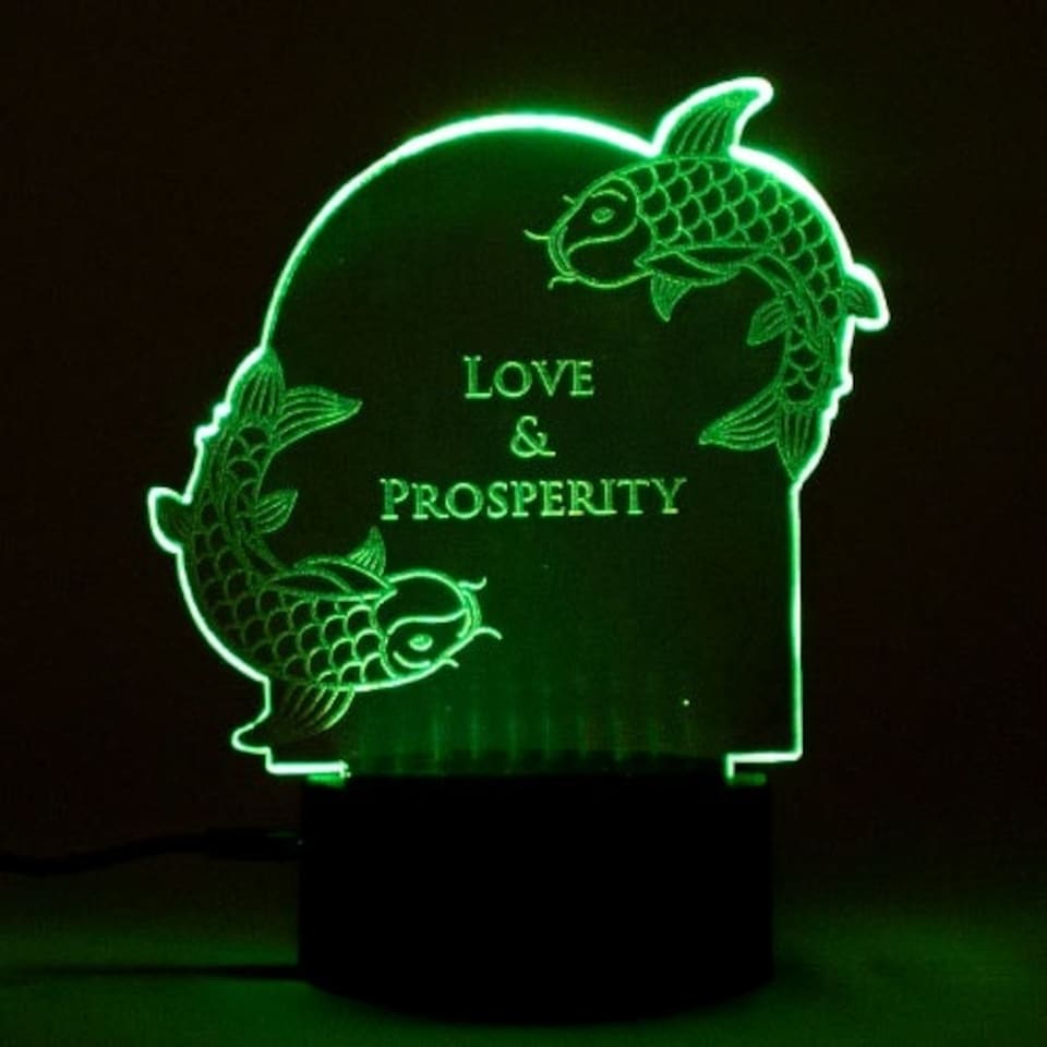 Love & Prosperity Koi Fish Clear Acrylic Sign with LED Light Base