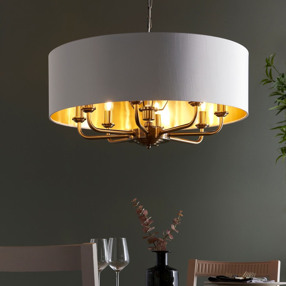 image 1 of Highclere 8 Lamp Single Shade Pendant Ceiling Lamp, Antique Brass Plate, Vintage White Fabric