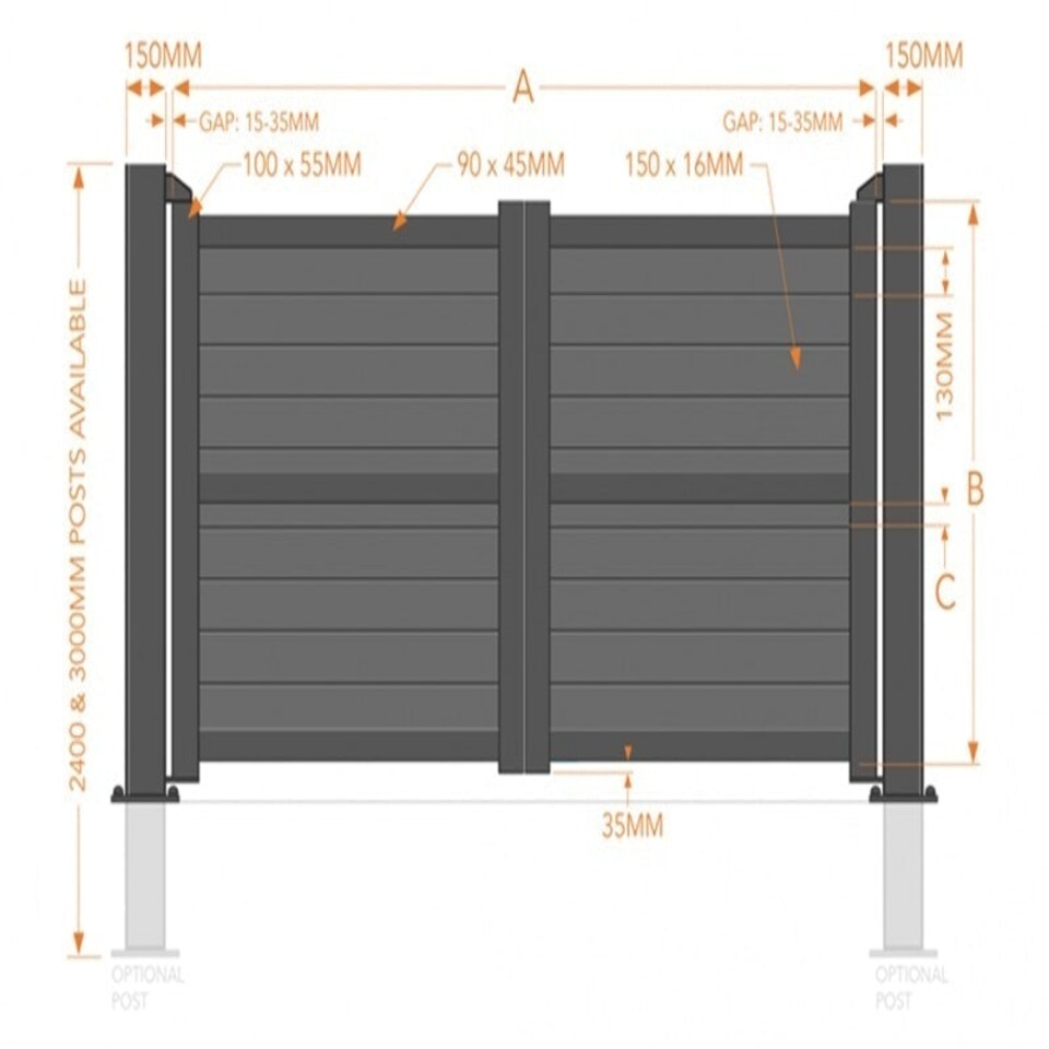 image 1 of Double Swing Gate 3500x2000mm Grey - Horizontal Solid Infill and Flat Top Grey