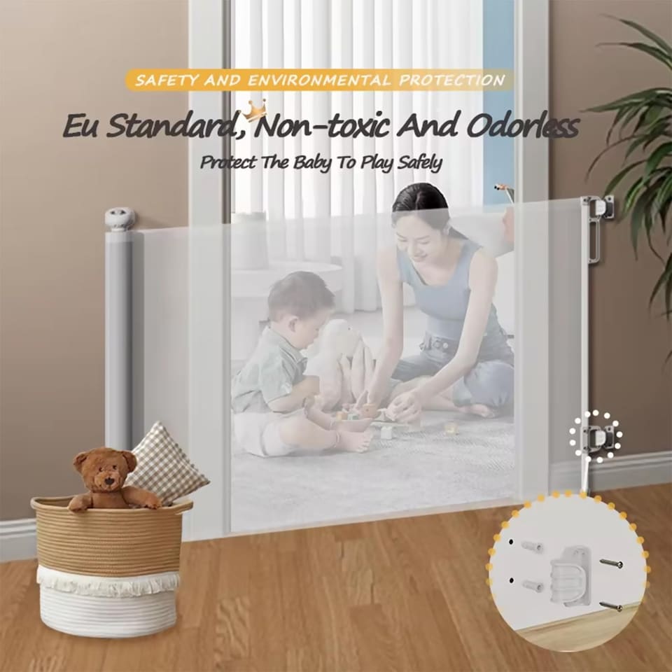 image 1 of S&D, Retractable Baby Gate 86cm x 140 cm Stair Safety Gate Roll for Babies and Pets, Extendable Barrier Gates (White)
