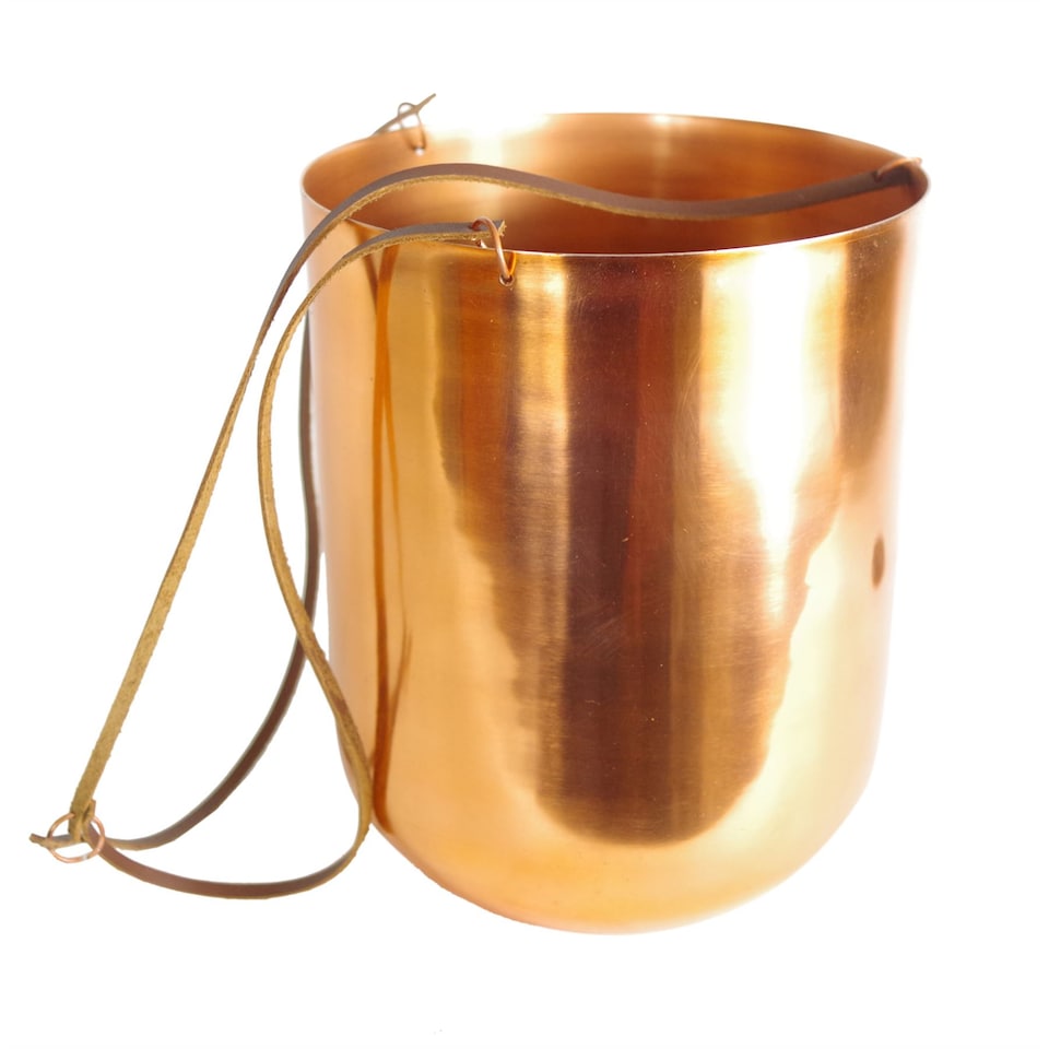 image 1 of Leaf Copper Hanging Planter Leather Straps Modern Contemporary 18 x 22cm Botanik | Copper