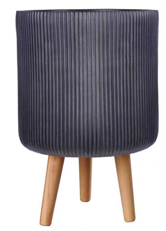 image 1 of Ribbed Black Cylinder Planter on Legs, Round Pot Plant Stand Indoor D30.5 H46 cm, 18.5 ltrs Cap.