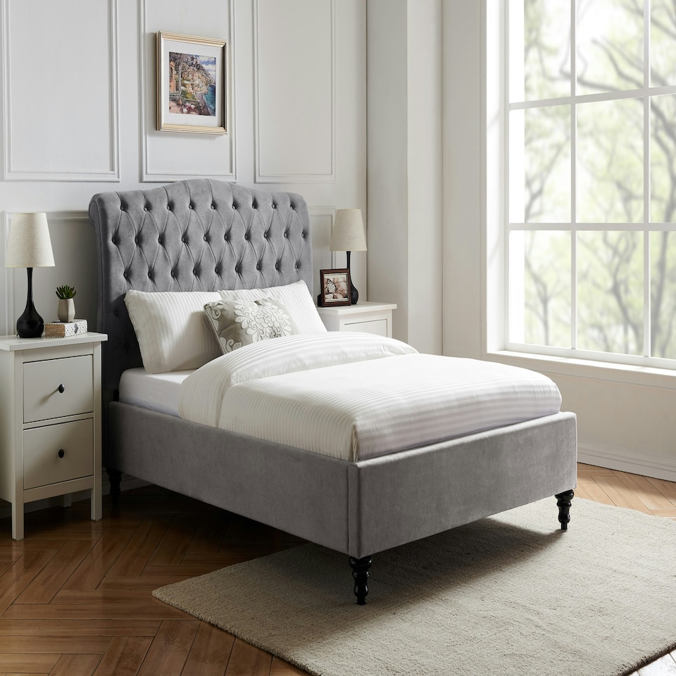 image 1 of 4ft6 Double fabric upholstered,light grey,buttoned back,curved bed frame,bedstead