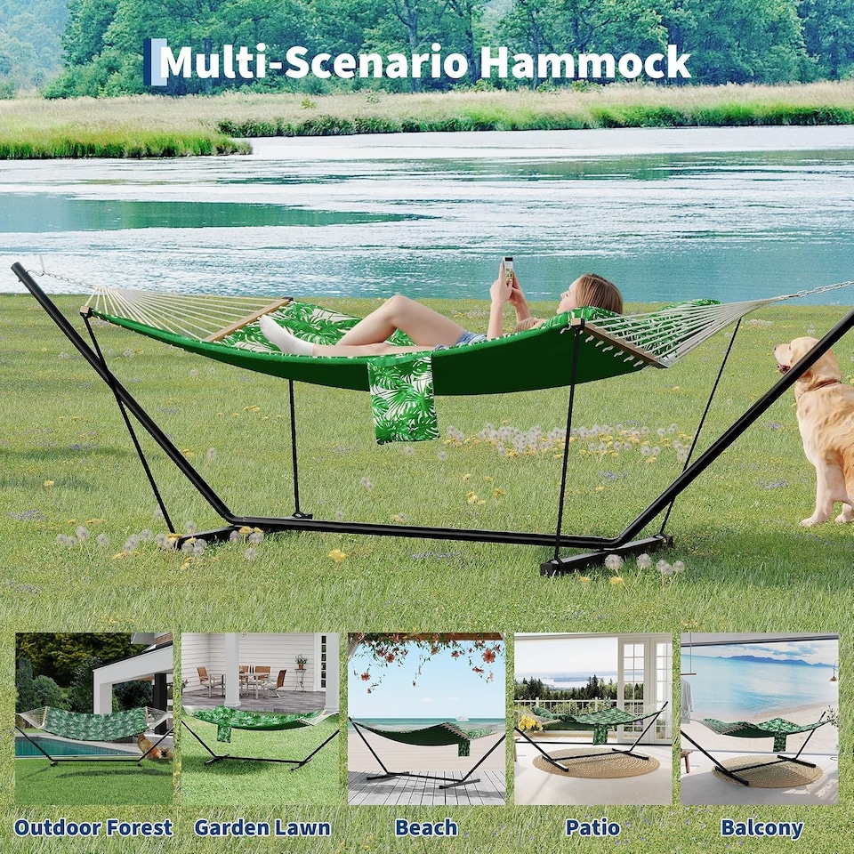 image 1 of London Boutique Double Hammock with Steel Stand, Burgundy Brown 3.65L x1.4W m