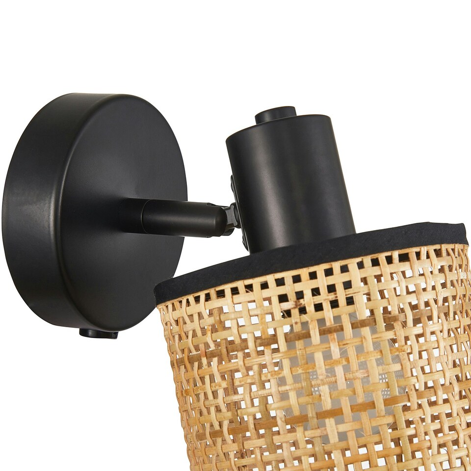 image 1 of Natural Woven Rattan Switched Wall Light Fitting with Black Cotton Fabric Trim