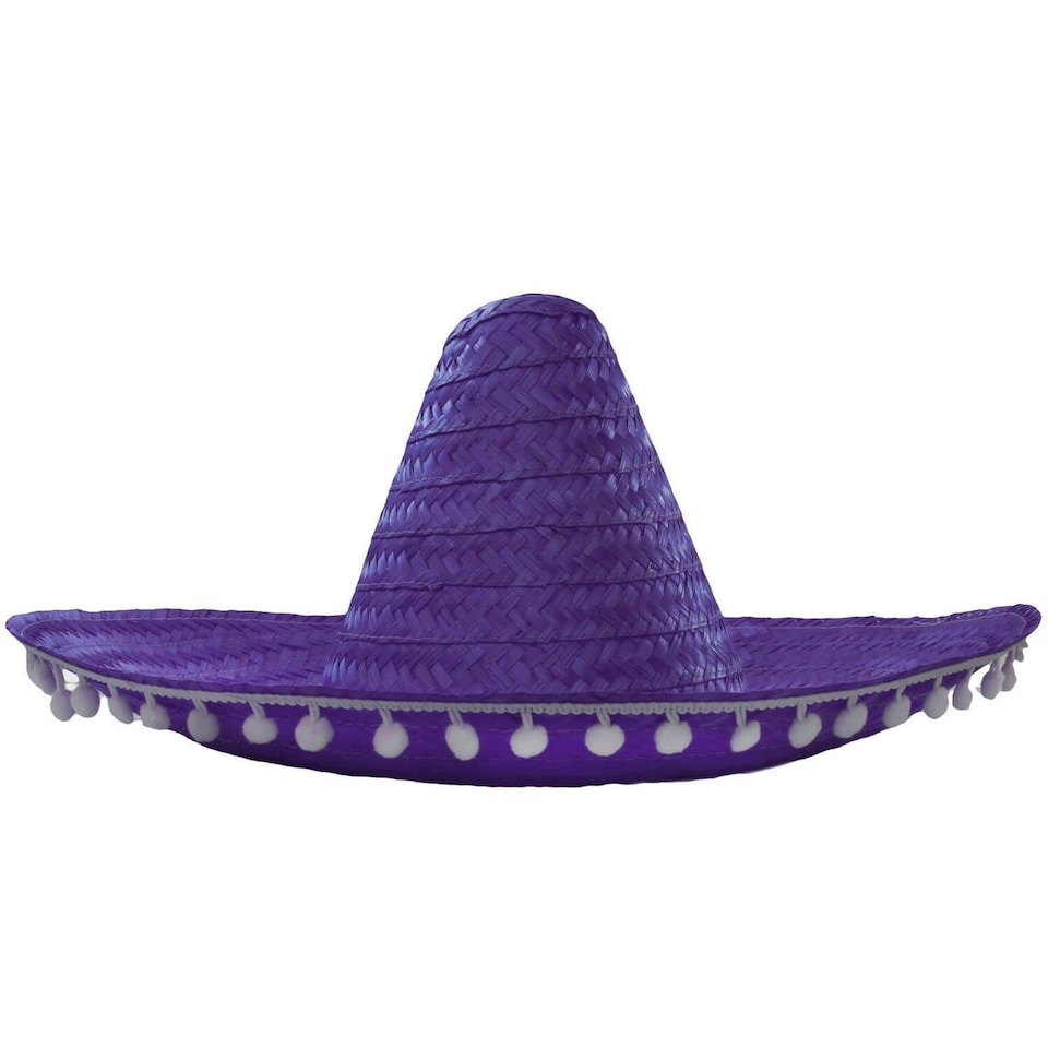 image 1 of Pack of 3 Purple Mexican Sombrero with Pom Pom Edging Purple | One Size