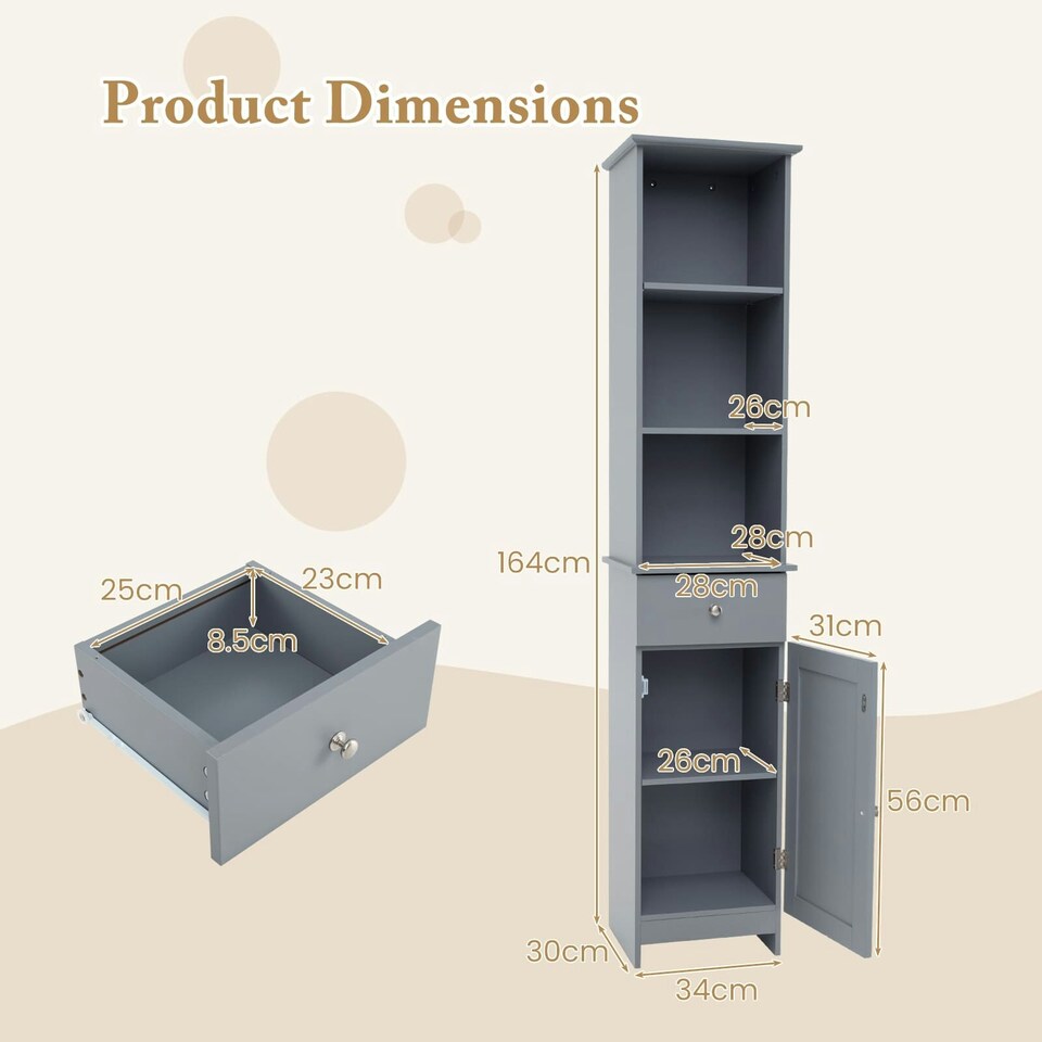 image 1 of COSTWAY Bathroom Storage Cabinet with 3 Open Shelves Grey | Grey | 1