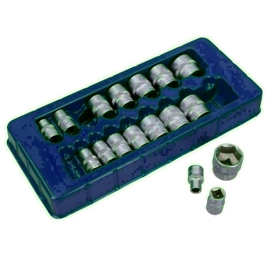 image 1 of 3/8" drive sockets metric shallow 8mm - 24mm 17pc set Satin Finish AT299