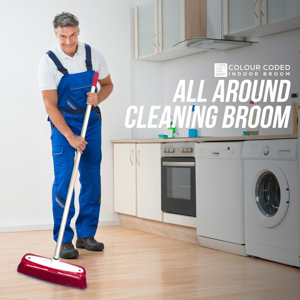 image 1 of Colour Coded Indoor Sweeping Broom with Scraper