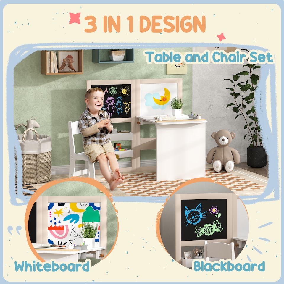 image 1 of AIYAPLAY 3 in 1 Kids Art Table and Chair Set with Storage Shelves, Foldable Blackboard, Whiteboard & Roll Paper, Toddler Table and Chair Set for 3-8 Years, White
