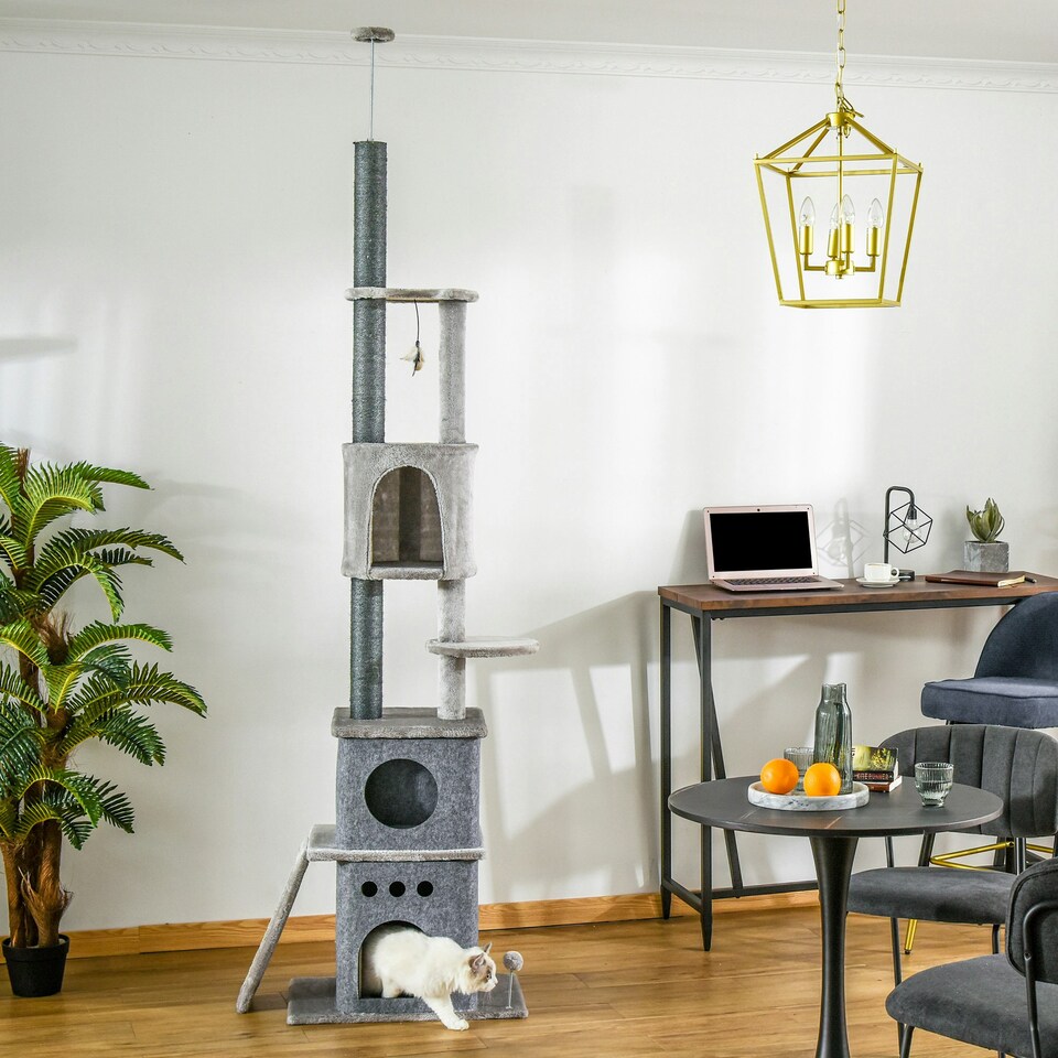 image 1 of PawHut Floor To Ceiling Cat Tree, 255cm Adjustable Height, Grey