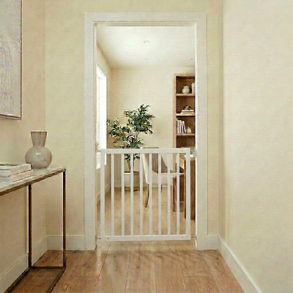 image 1 of Safetots Simply Secure Wooden Gate, 72cm - 79cm, White, Wooden Stair Gate, Screw Fit Baby Gate, Safety Barrier