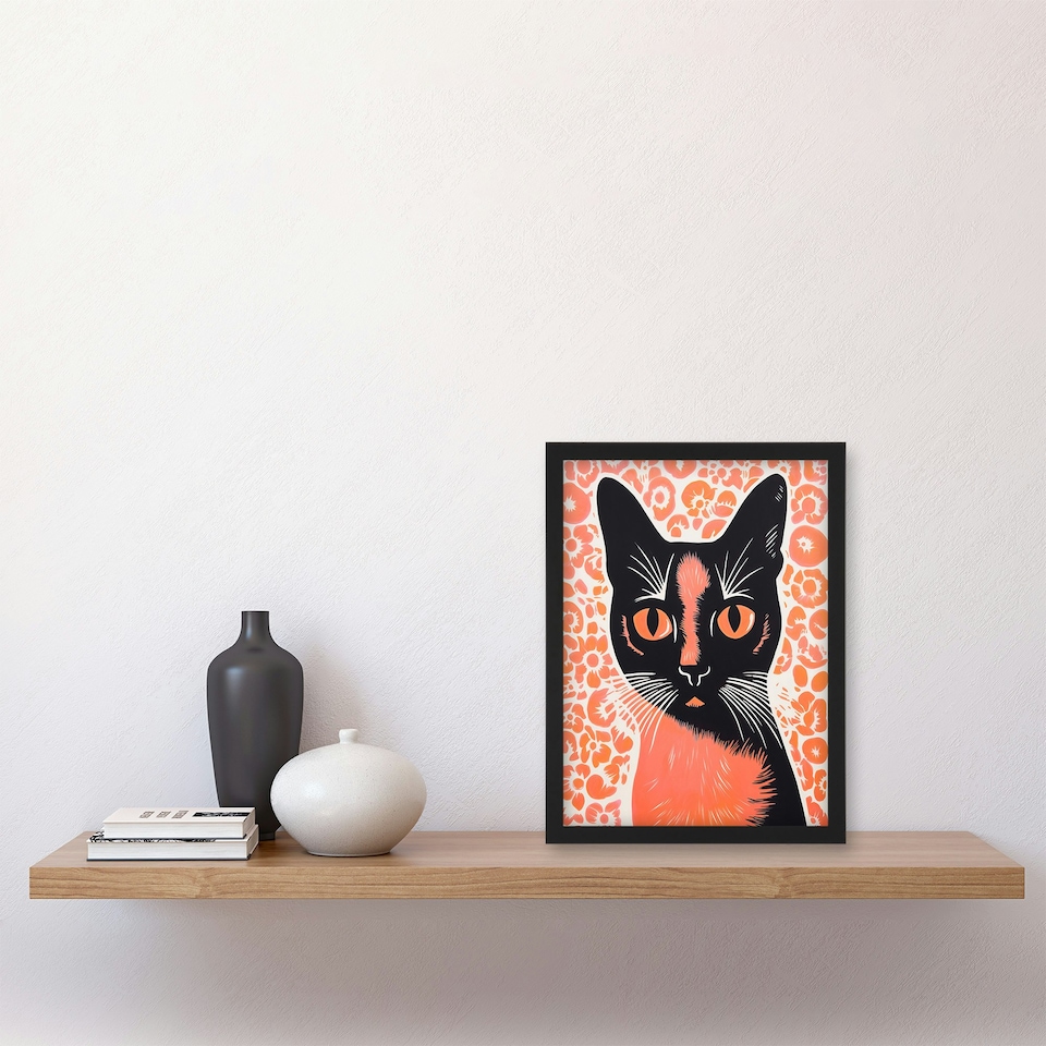 image 1 of Siamese Cat Flowers Risograph Style Coral Pink Black Framed Wall Art Print A4