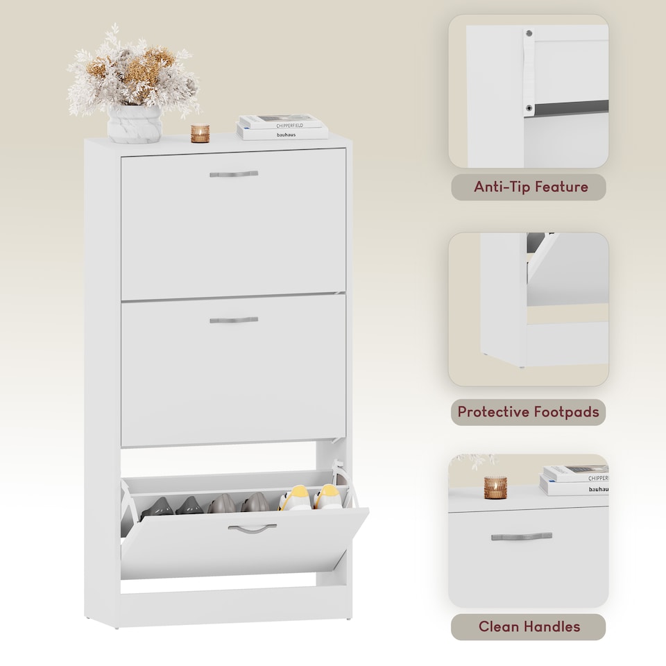 image 1 of Vida Designs 3 Drawer Shoe Cabinet Shoe Rack Storage Cupboard, White