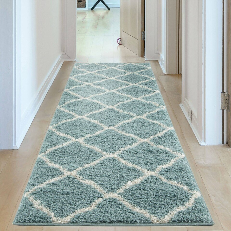 image 1 of The Rugs Moroccan Collection Soft High Pile Shaggy Lattice Floor Rugs and Runners Living Room
