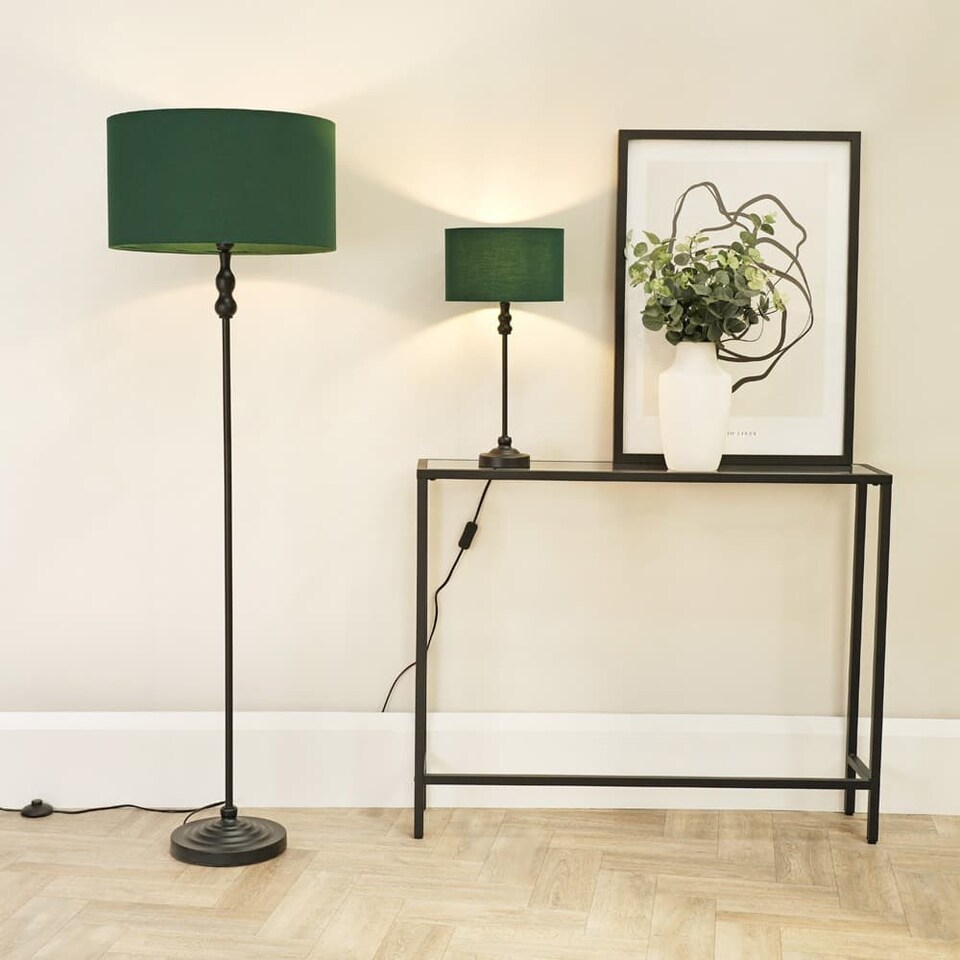 image 1 of ValueLights Maggie Black Candlestick Floor Lamp Green Shade | Green