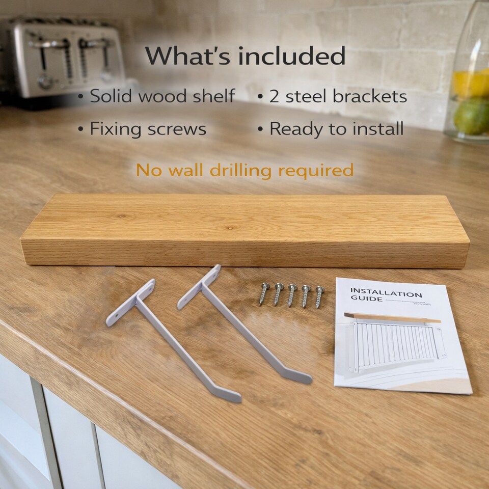 image 1 of MKGT Solid Wood Radiator Shelf with No-Drill Brackets, Handmade in UK, Tudor Oak – 120cm