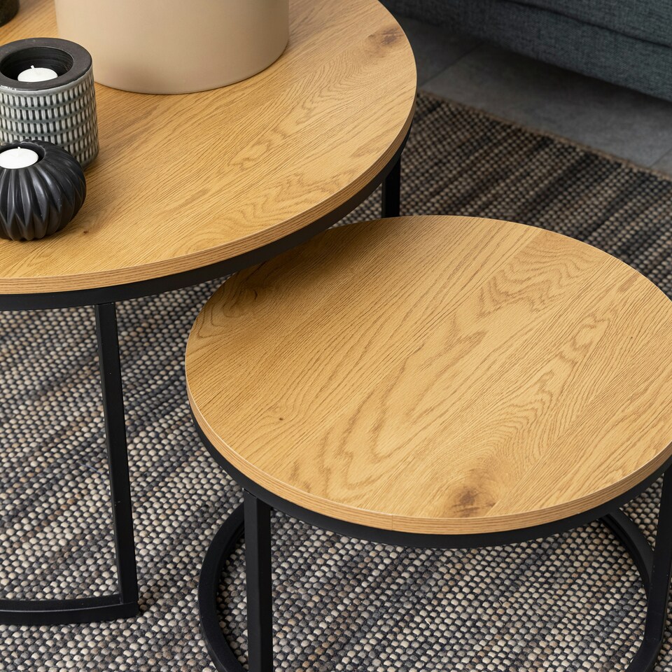 image 1 of Spiro Round Coffee Table Set with Oak Top & Black Legs