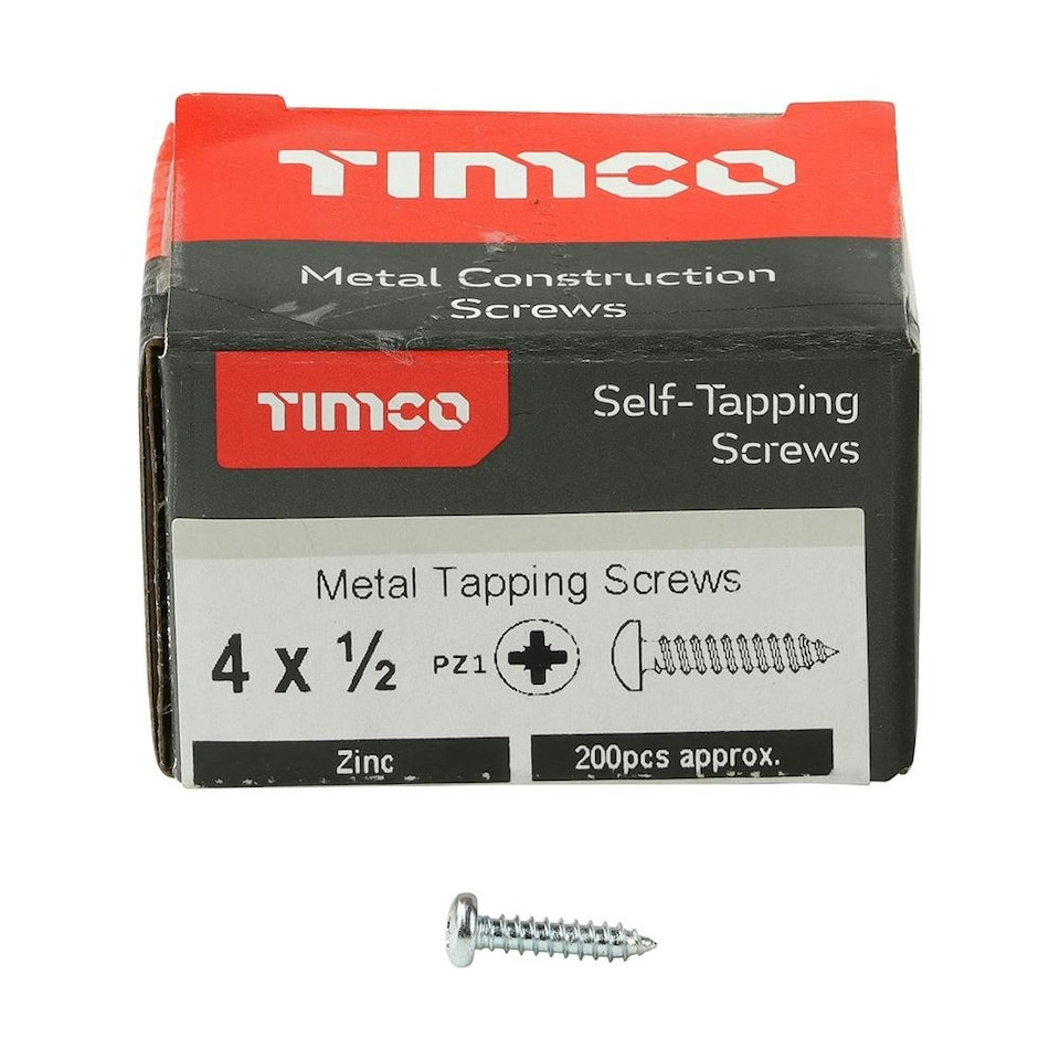 image 1 of Timco - Self-Tapping Screws - PZ - Pan - Zinc (Size 4 x 1/2 - 200 Pieces)