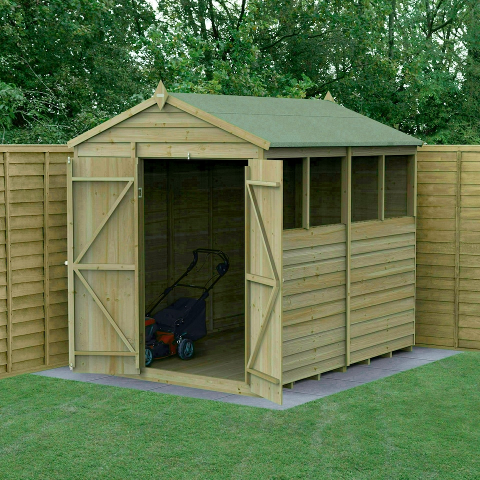 image 1 of Forest Garden 6x8 4LIFE Apex Shed 25yr Guarantee Overlap Pressure Treated - Double Door - 4 Window Brown