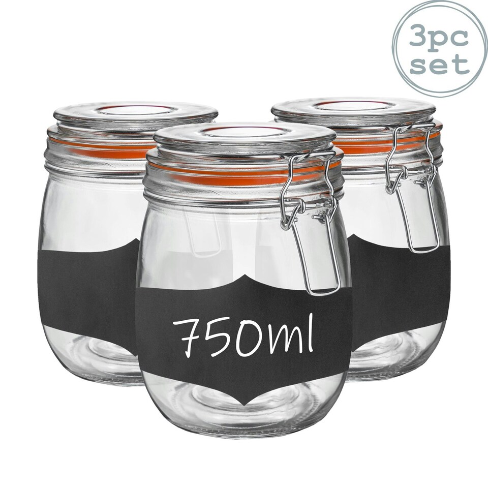 image 1 of Argon Tableware Glass Storage Jars with Labels - 750ml - Orange Seal - Pack of 3