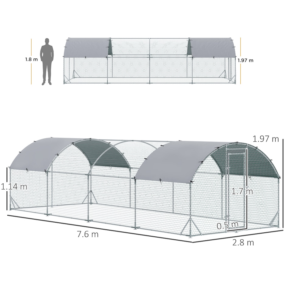 image 1 of PawHut Walk-In Chicken Run Galvanised Chicken Coop w/ Covers 7.6 x 2.8 x 2m | Silver