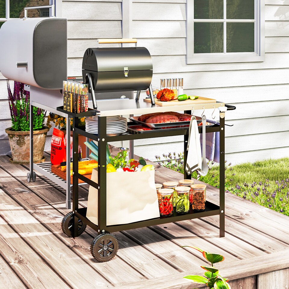 image 1 of Outsunny BBQ Trolley with Stainless Steel Top, Movable Barbecue Pizza Table