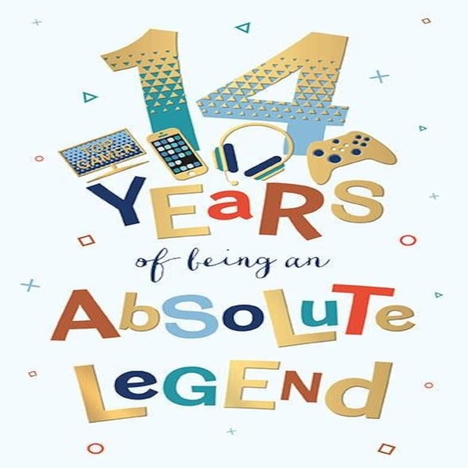 Words 'n' Wishes Traditional Happy 14th Birthday Gaming Card, Gold Foil Finish, Video Games Design, Made in UK