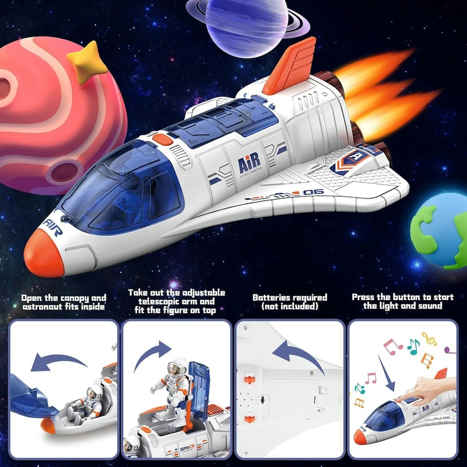 image 1 of Creative Space Adventure Toys for Kids Space Shuttle Rocket Set with Astronauts Rover Satellite and Solar System Mat
