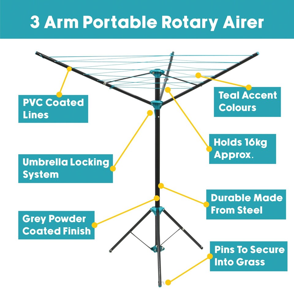 image 1 of JVL 3 Arm Portable Free Standing Rotary Airer 16 Metre, Grey