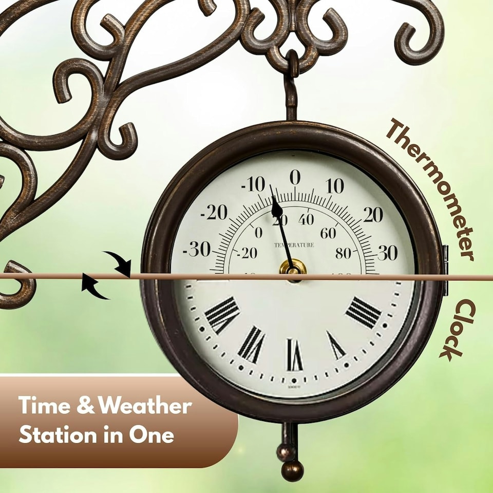 image 1 of Marco Paul 32cm Double Sided Outdoor Station Wall Clock and Thermometer Brown
