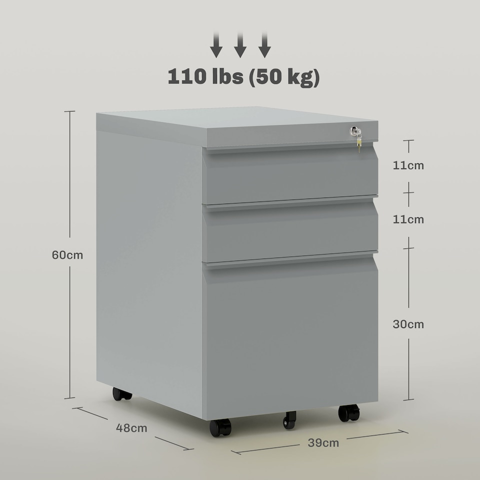 image 1 of Vinsetto 3 Drawer File Cabinet, Lockable Metal Filling Cabinet, Grey