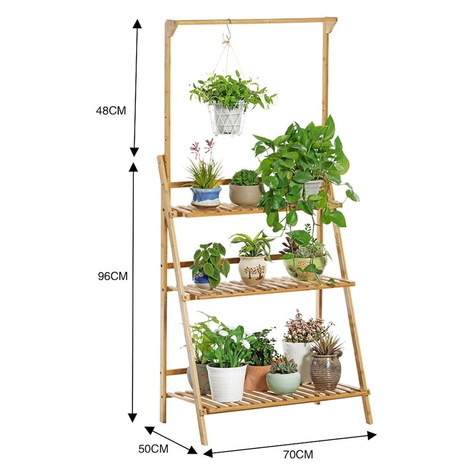 image 1 of Neo 3‑Tier Foldable Indoor & Outdoor Bamboo Plant Stand with Hanging Hook