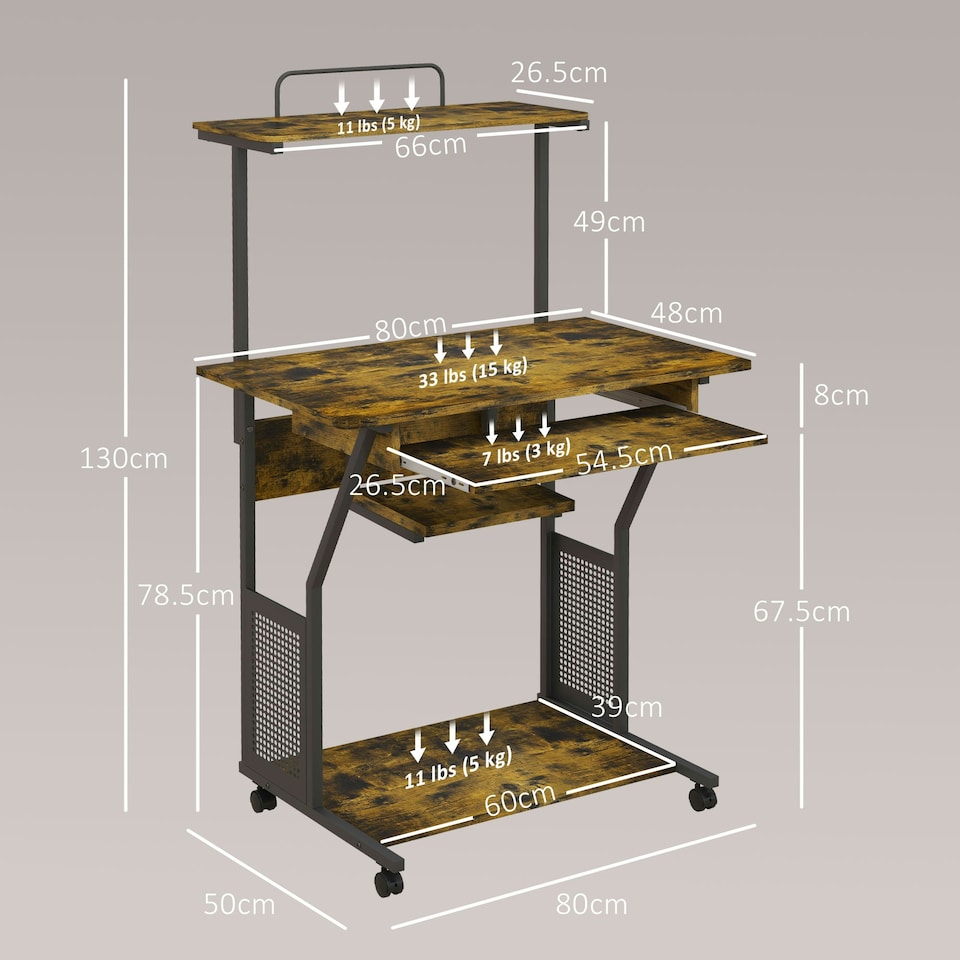 image 1 of HOMCOM Rolling Computer Desk with Keyboard Tray Storage Shelves Rustic Brown