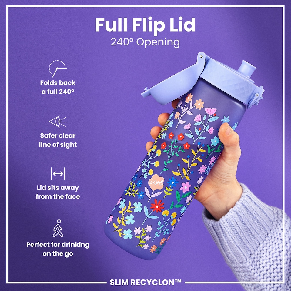 image 1 of Leak Proof Slim Water Bottle, BPA Free, 500ml (18oz) | Purple | Delicate Floral | One Size