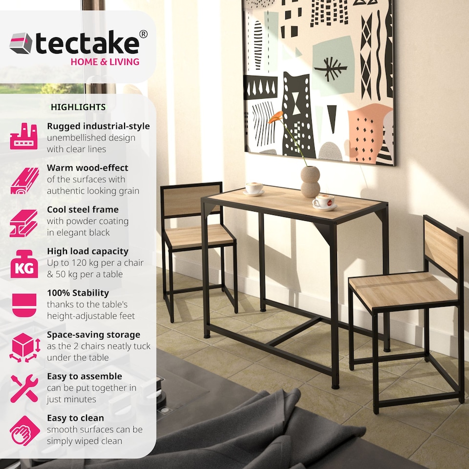 image 1 of Dining Table and Chairs Milton - 3-piece set | Brown | industrial wood light, oak Sonoma | 1