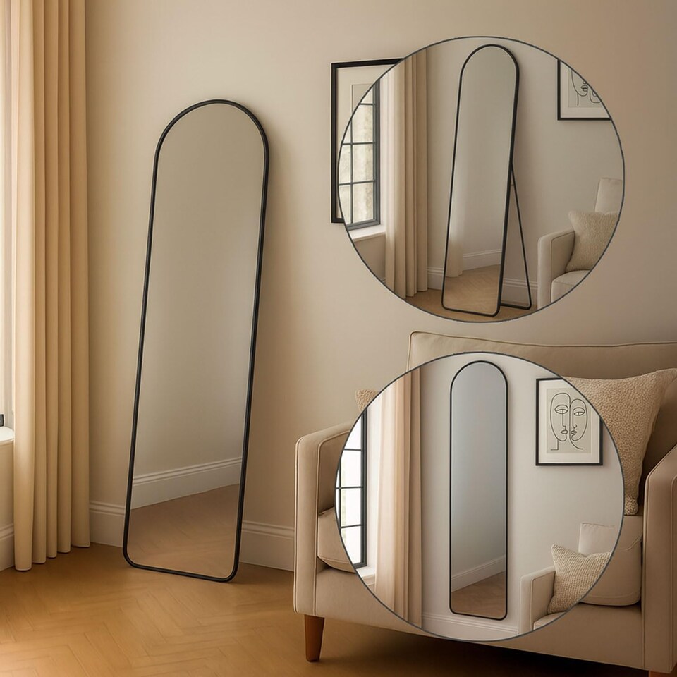 image 1 of Full Length Mirror with Metal Frame Wall Mounted Free Standing Floor | Black