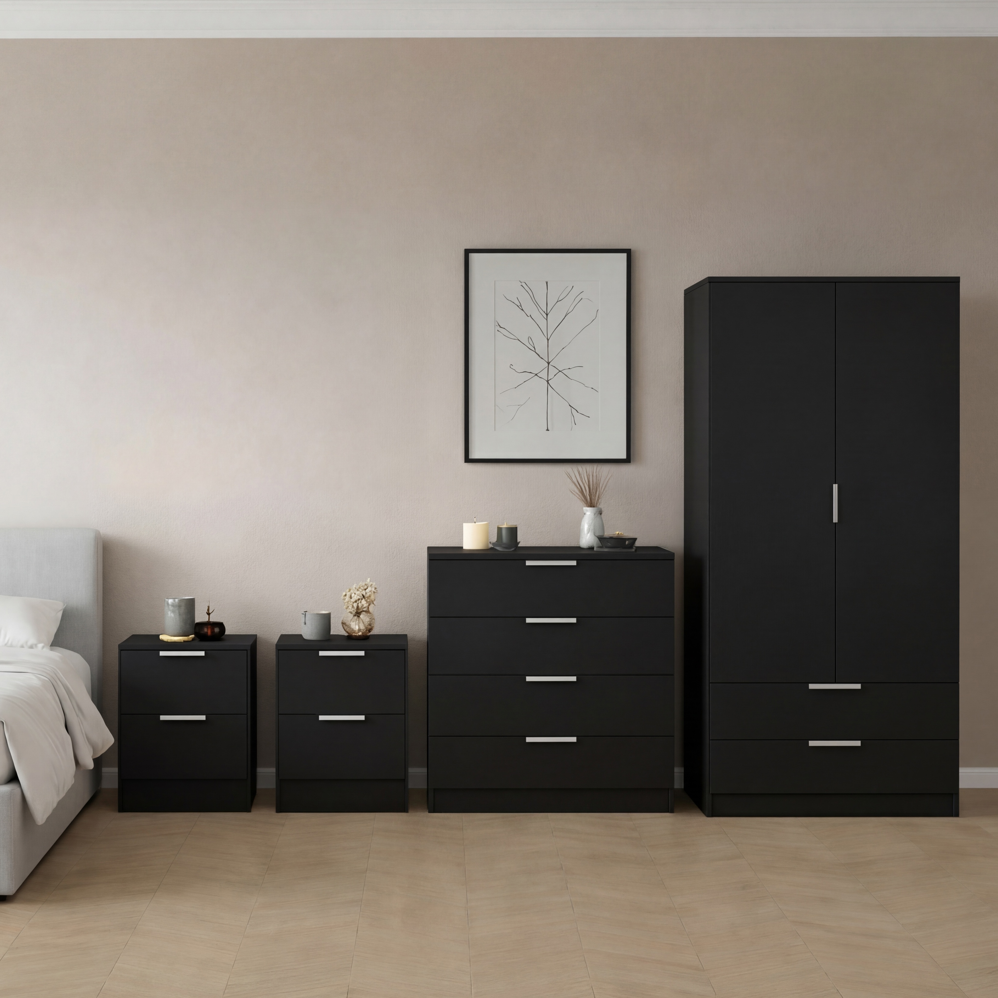 Vida Designs Trega 4 Piece Bedroom Set (2 Drawer Bedside Chest x2, 4 Drawer Chest, 2 Door 2 Drawer Wardrobe) Black