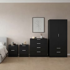 Vida Designs Trega 4 Piece Bedroom Set (2 Drawer Bedside Chest x2, 4 Drawer Chest, 2 Door 2 Drawer Wardrobe) Black