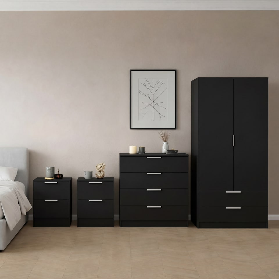 Vida Designs Trega 4 Piece Bedroom Set (2 Drawer Bedside Chest x2, 4 Drawer Chest, 2 Door 2 Drawer Wardrobe) Black