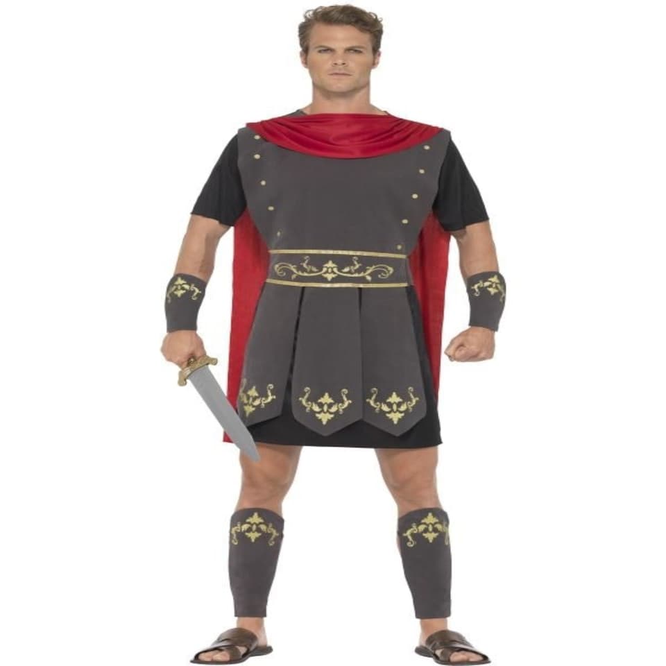 Roman Gladiator Costume - Black - with Tunic - Attached Cape - Arm Cuffs & Leg Cuffs - 45495XL
