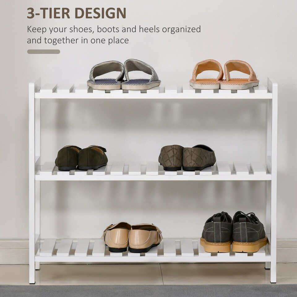 image 1 of HOMCOM 3-Tier Shoe Rack Wood Frame Slatted Shelves White