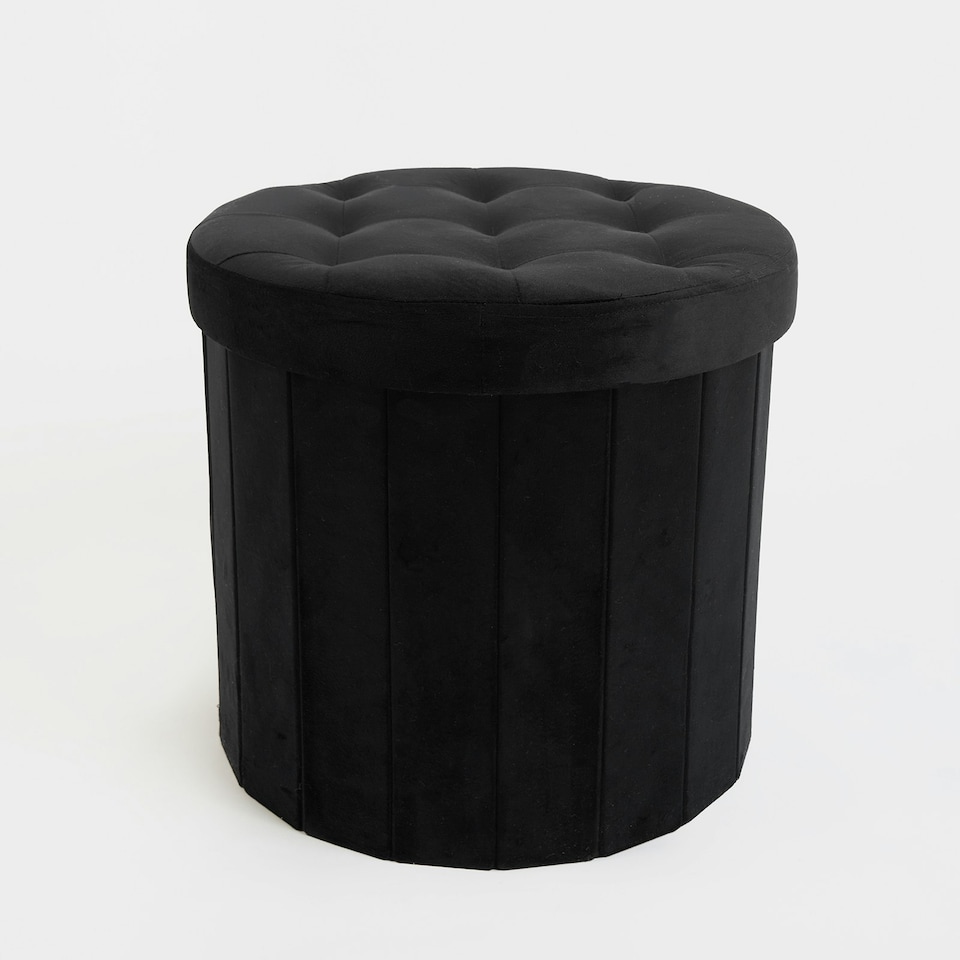 image 1 of OHS Matte Velvet Soft Round Foldable Footstool Seat Storage Organiser Ottoman Black