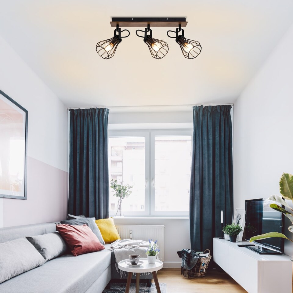 image 1 of COSYLYTE Kendan 3 Light Matt Black Wire Shade Spotlight with Wooden Backplate | Black | Walnut wood | 1