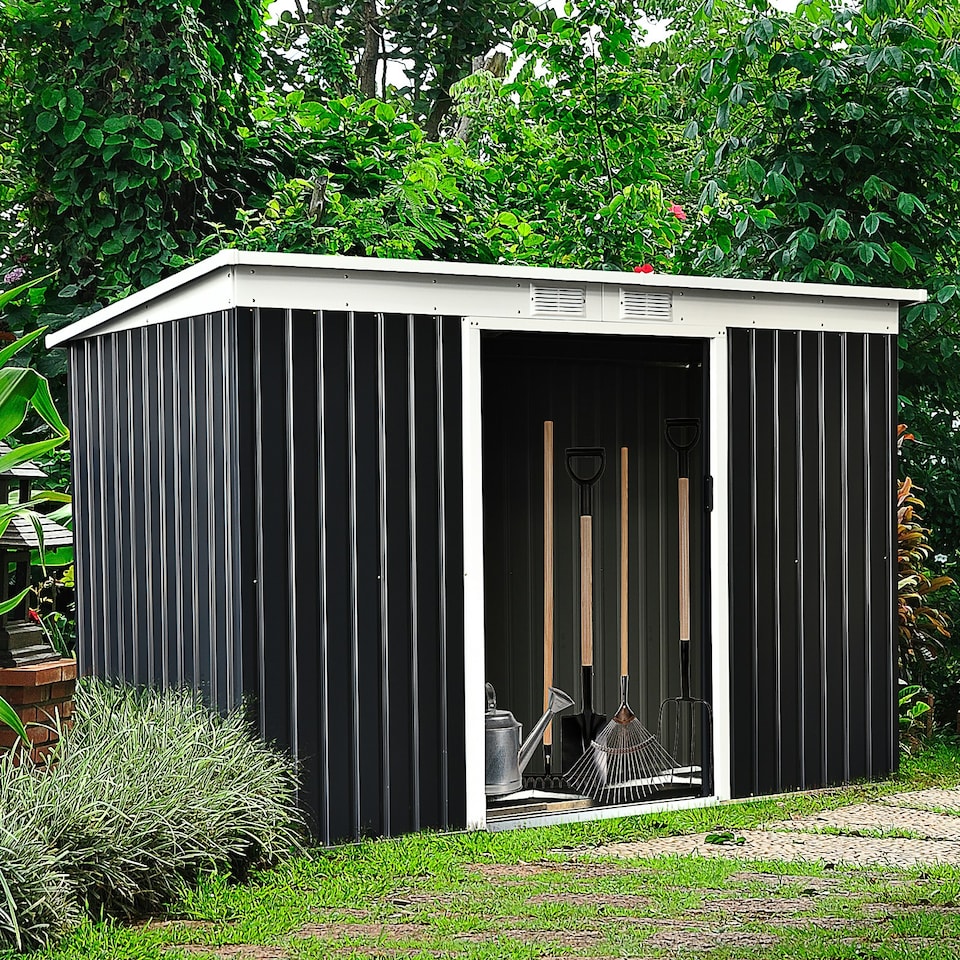 image 1 of Outsunny 9 x 4FT Outdoor Metal Frame Garden Storage Shed, Grey