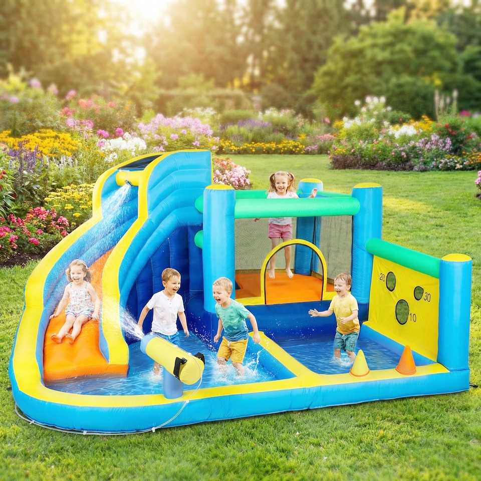 image 1 of AIYAPLAY 8 in 1 Bouncy Castle for Kids, Inflatable Bounce House with Slide | Multi | Light blue base, orange slide, deep blue sides | 350 x 320 x 190 cm